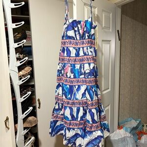 FARM Rio Blue and White Midi Dress with Pink Accents